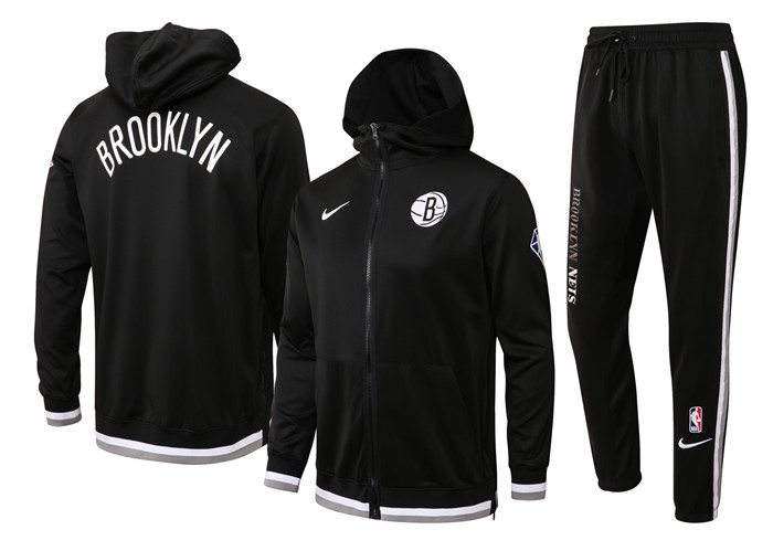 Men's Brooklyn Nets 75th Anniversary Black Performance Showtime Full-Zip Hoodie Jacket And Pants Suit